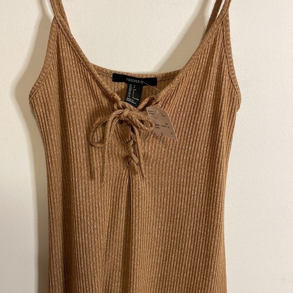 NWT F21 Ribbed Dress Small Camel Tan Tank Mini Lace Jersey Knit Stretch Babydoll - Picture 3 of 14